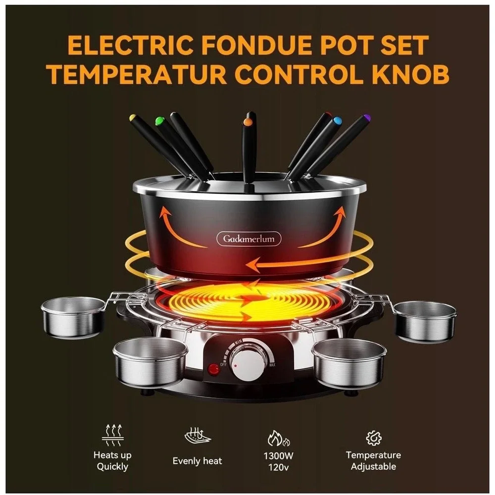 Gadamerlum Electric Fondue Pot Set 2L 1300W Black Cheese Chocolate 8 Forks Party